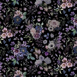 Moody Romance Watercolor Garden Bouquets Black for Fashion /Quilt