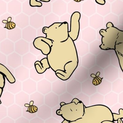 Bigger Scale Classic Pooh and Bees on Pale Pink Honeycomb