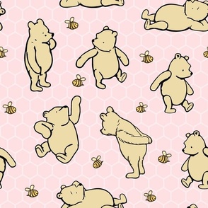 Bigger Scale Classic Pooh and Bees on Pale Pink Honeycomb