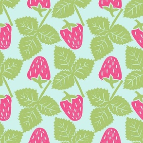 Bold Spring Strawberries and Leaves in Pink and Green on Light Blue - Large Scale 