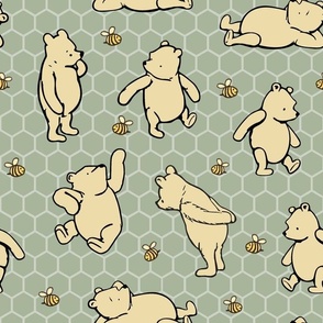 Bigger Scale Classic Pooh and Bees on Sage Green Honeycomb