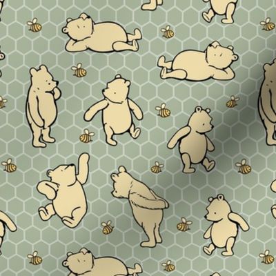 Smaller Scale Classic Pooh and Bees on Sage Green Honeycomb