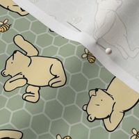 Smaller Scale Classic Pooh and Bees on Sage Green Honeycomb