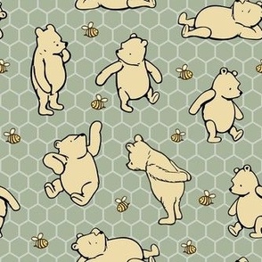 Smaller Scale Classic Pooh and Bees on Sage Green Honeycomb