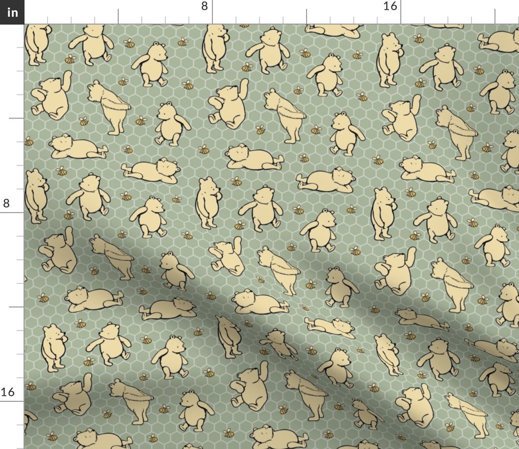 Smaller Scale Classic Pooh and Bees on Sage Green Honeycomb