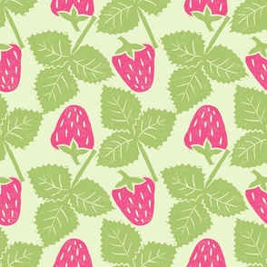 Bold Spring Strawberries and Leaves in Pink and Green on Light Green - Large Scale