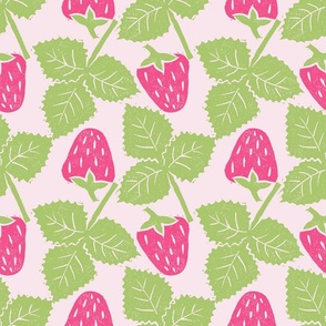 Bold Spring Strawberries and Leaves in Pink and Green on Light Pink - Large Scale