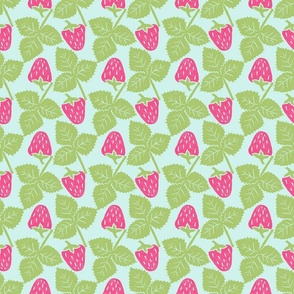 Bold Spring Strawberries and Leaves in Pink and Green on Light Blue - Medium Scale