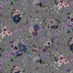 Moody Romance Garden Watercolor Flowers on Neutral Grey Background
