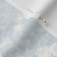 Small scale all over pattern of white daisies on light blue marbled background with a vintage linen texture