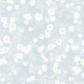 Small scale all over pattern of white daisies on light blue marbled background with a vintage linen texture