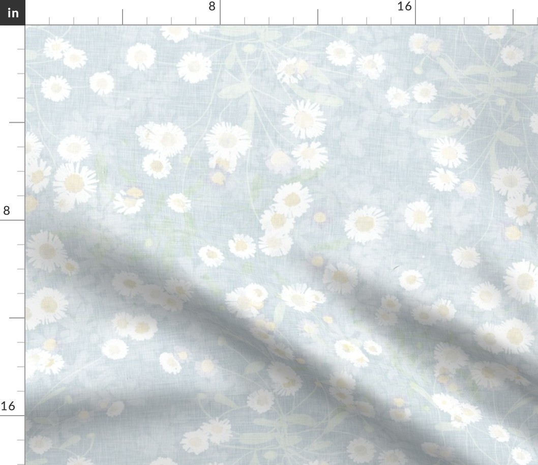 Small scale all over pattern of white daisies on light blue marbled background with a vintage linen texture