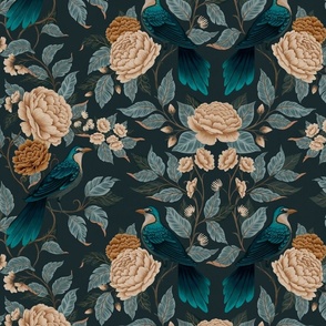 Elegant Blue Bird Damask in Dark Teal