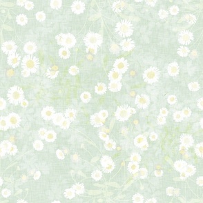 Small scale all over pattern of white daisies on light green marbled background with a vintage linen texture