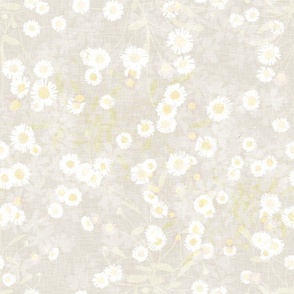Small scale all over pattern of white daisies on oat marbled background with a vintage linen texture