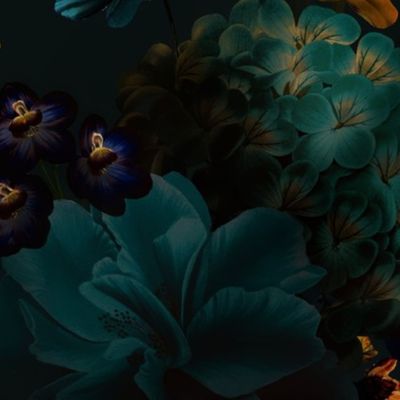 Vintage Night Romanticism: Maximalism Blue And Yellow Bold Moody Florals - Antiqued burgundy Roses and Nostalgic Gothic Mystic Night 14-  Antique Botany Wallpaper and Victorian Goth Mystic