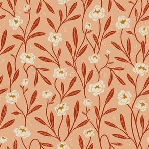 Flourish - Cream on Peach Orange with Red | Spring Wild Flowers in Bloom