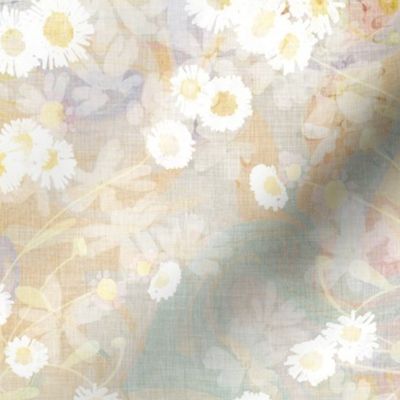 Small scale all over pattern of white daisies on blue and yellow marbled background with a vintage linen texture