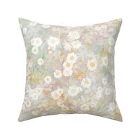 Small scale all over pattern of white daisies on blue and yellow marbled background with a vintage linen texture