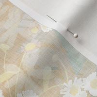 Small scale all over pattern of white daisies on blue and yellow marbled background with a vintage linen texture