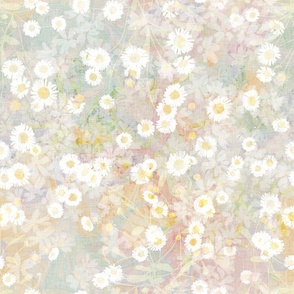 Small scale all over pattern of white daisies on blue and yellow marbled background with a vintage linen texture