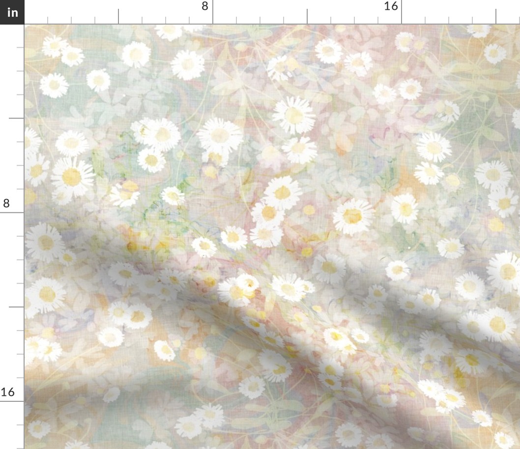 Small scale all over pattern of white daisies on blue and yellow marbled background with a vintage linen texture