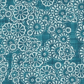 Boho Ikat Flowers Batik Block Print in Teal Lagoon and Sea Glass (Large Scale)