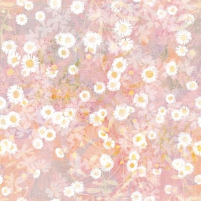 Small scale all over pattern of white daisies on orange and purple marbled background with a vintage linen texture