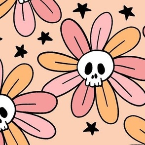 groovy halloween flowers with skulls pastel yellow scale L
