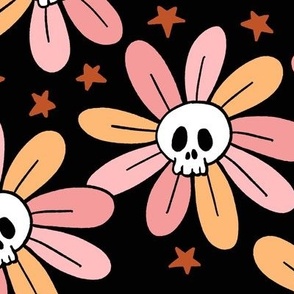 groovy halloween flowers with skulls black scale L