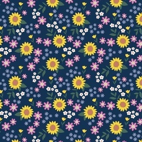Sunflowers daisies and tulips spring blossom - floral garden bohemian summer design lilac pink yellow on navy blue SMALL