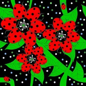 Smaller Ladybug Flowers Polka Dots Black