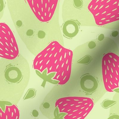Tossed Spring Strawberries in Bright Pink and Green on Light Green - Large Scale