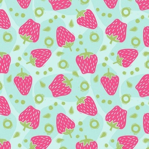 Tossed Spring Strawberries in Bright Pink and Green on Light Blue - Large Scale