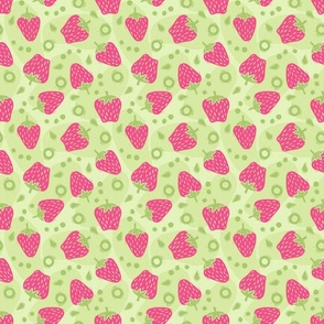 Tossed Spring Strawberries in Bright Pink and Green on Light Green - Medium Scale