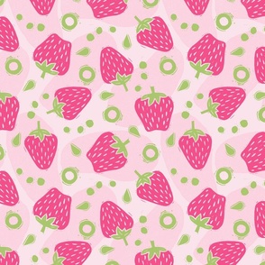 Tossed Spring Strawberries in Bright Pink and Green on Light Pink - Large Scale