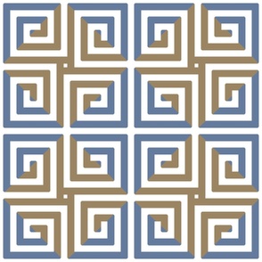 Greek Key Snail Trail Boxes Thick Slate Blue Light Brown and White Checkerboard