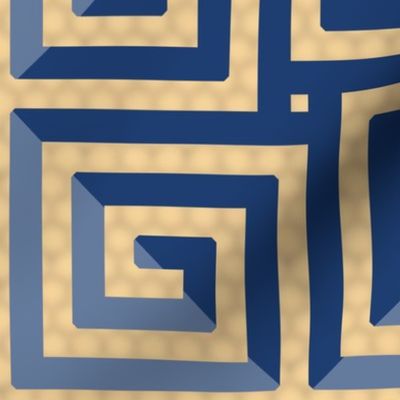 Greek Key Snail Trail Boxes Thick Beige and Blues Checkerboard