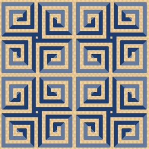 Greek Key Snail Trail Boxes Thick Beige and Blues Checkerboard