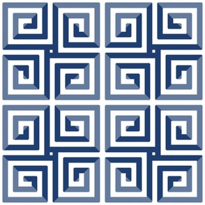 Greek Key Snail Trail Boxes Thick Beige Blue and White Checkerboard