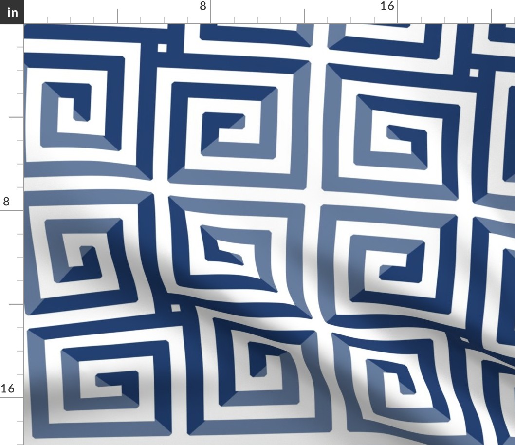 Greek Key Snail Trail Boxes Thick Beige Blue and White Checkerboard