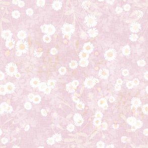 Small scale all over pattern of white daisies on a dusty pink marbled background with a vintage linen texture