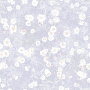 Small scale all over pattern of white daisies on a lilac periwinkle marbled background with a vintage linen texture
