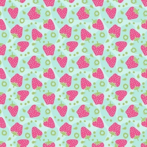 Tossed Spring Strawberries in Bright Pink and Green on Light Blue - Medium Scale