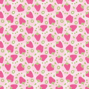 Tossed Spring Strawberries in Bright Pink and Green on Light Pink - Medium Scale