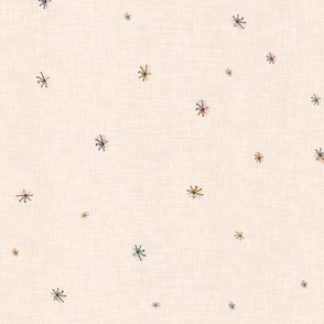 Ditsy scatter pattern featuring abstract hand drawn star like flowers on a cream background