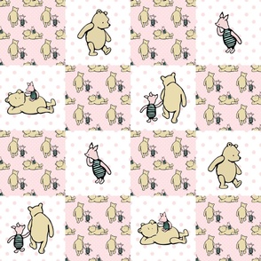 Bigger Patchwork 6" Squares Classic Pooh and Piglet in Pink for Cheater Quilt or Blanket