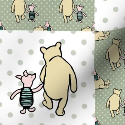 Bigger Patchwork 6" Squares Classic Pooh and Piglet in Sage Green for Cheater Quilt or Blanket