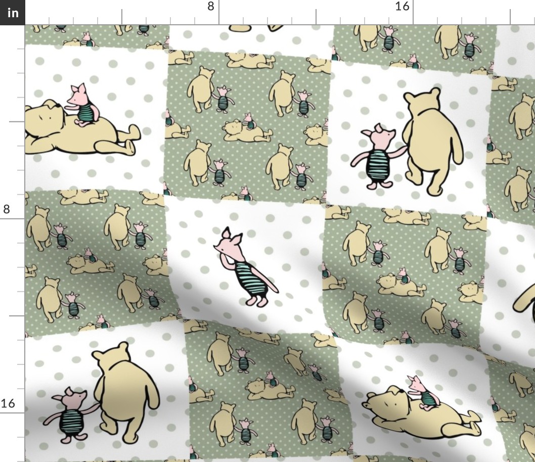 Bigger Patchwork 6" Squares Classic Pooh and Piglet in Sage Green for Cheater Quilt or Blanket