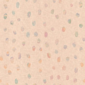 Hand drawn muted rainbow drop drops on a sand colored vintage linen texture background